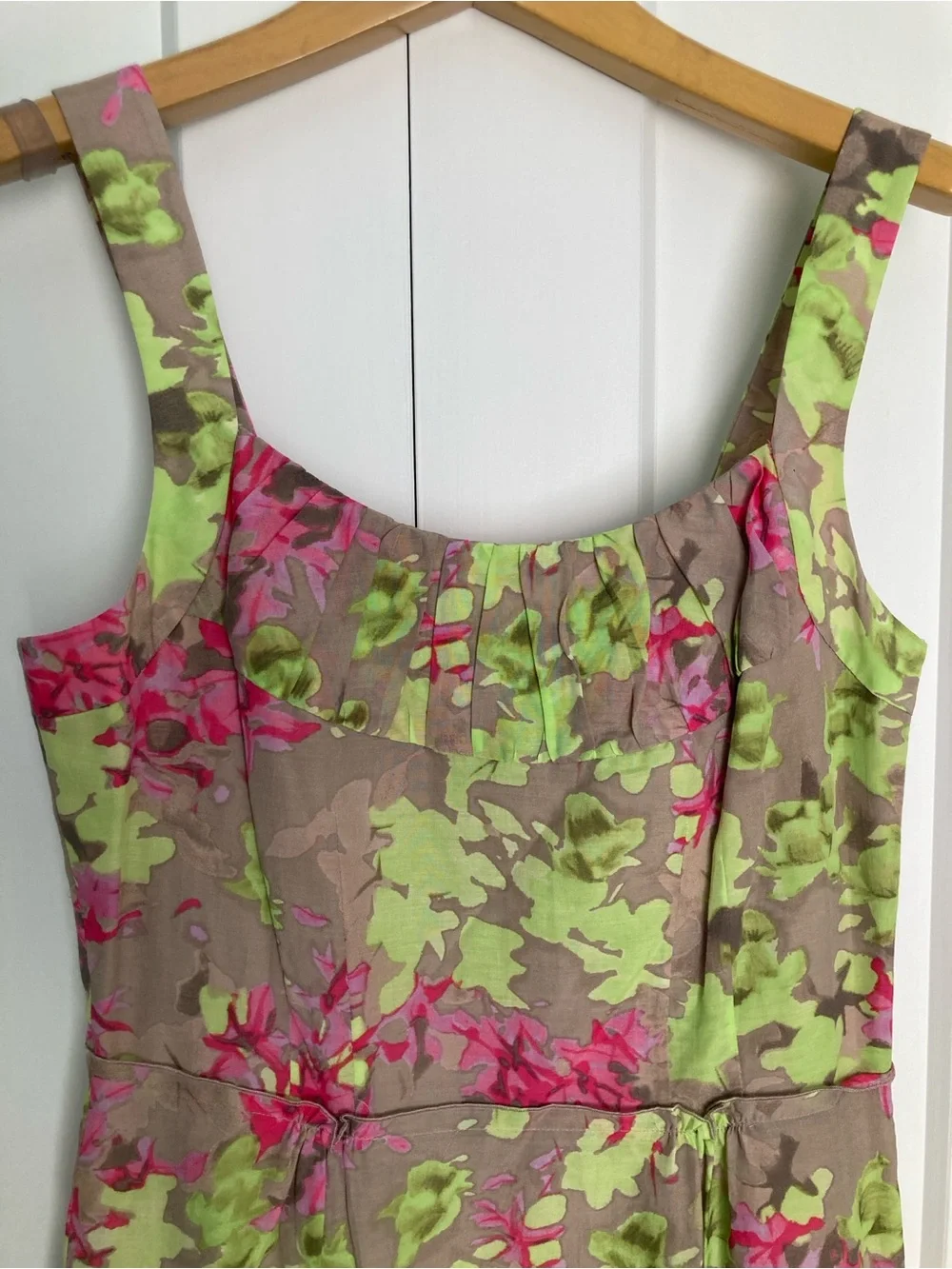 Banana Republic Floral Sheath Dress in Taupe with Pink and Lime Accents